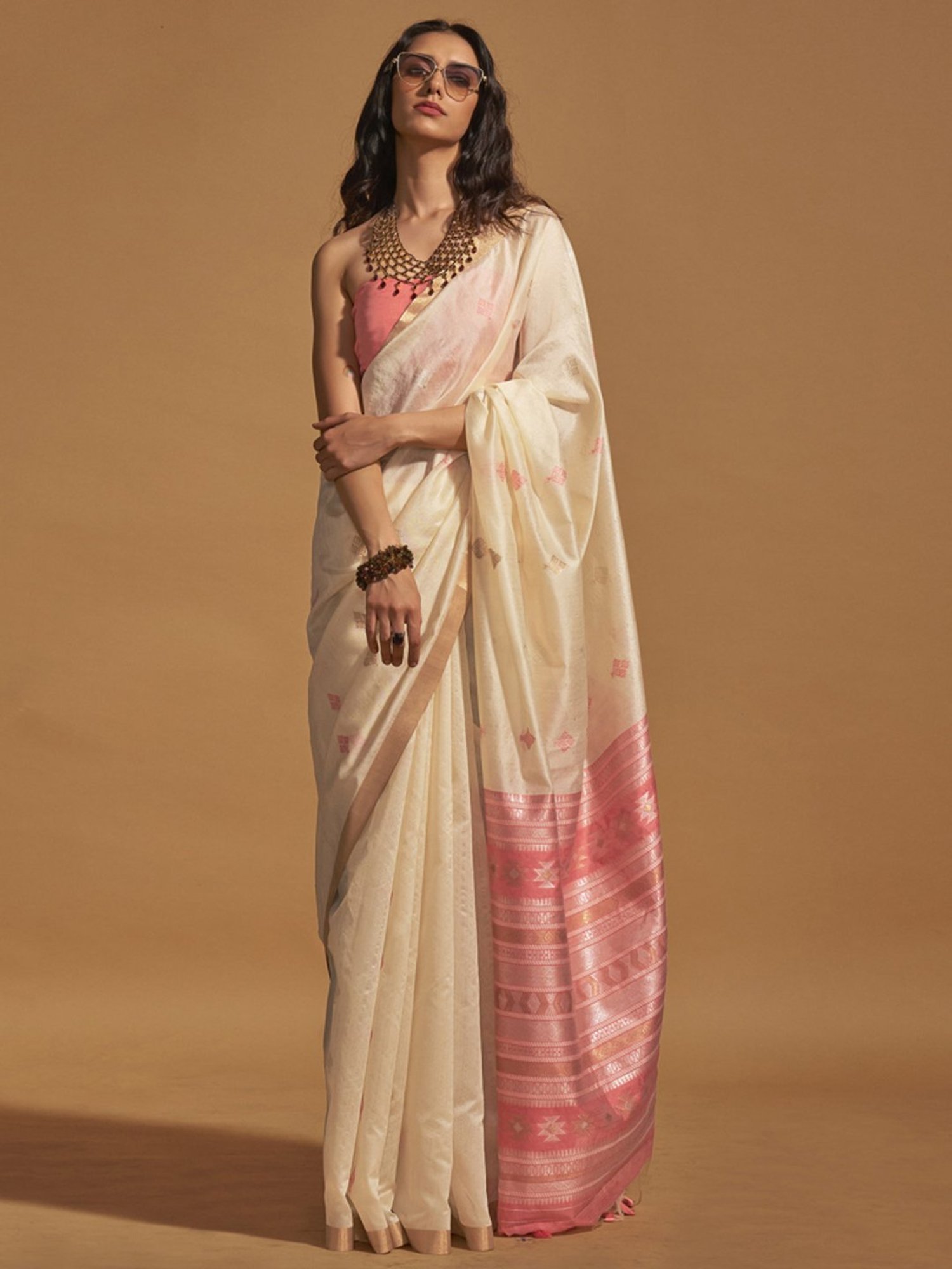 Elora Off-White & Pink Silk Woven Saree With Unstitched Blouse
