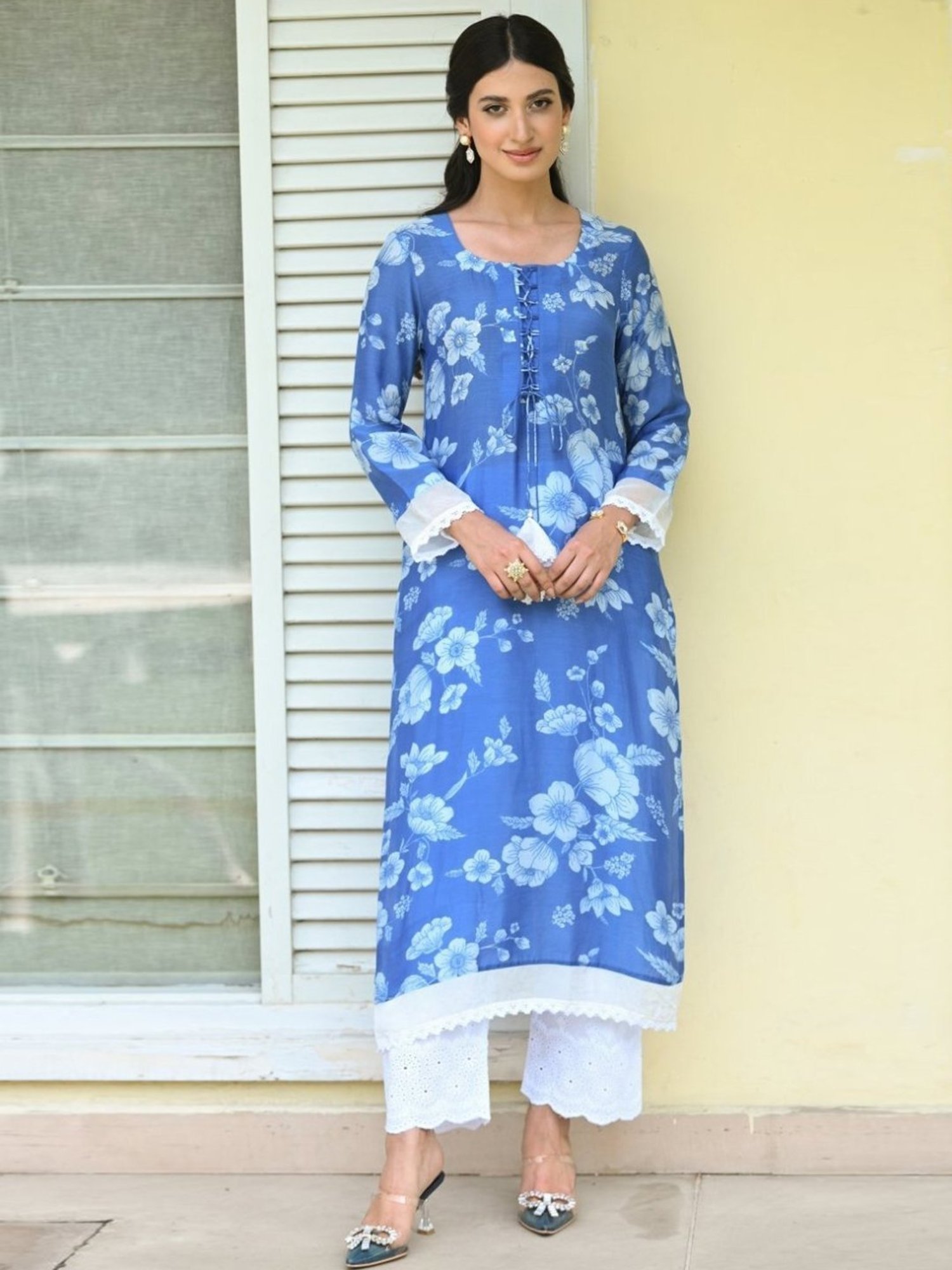 Mahee Jaipur Blue Bloom Muslin Kurti with Pant