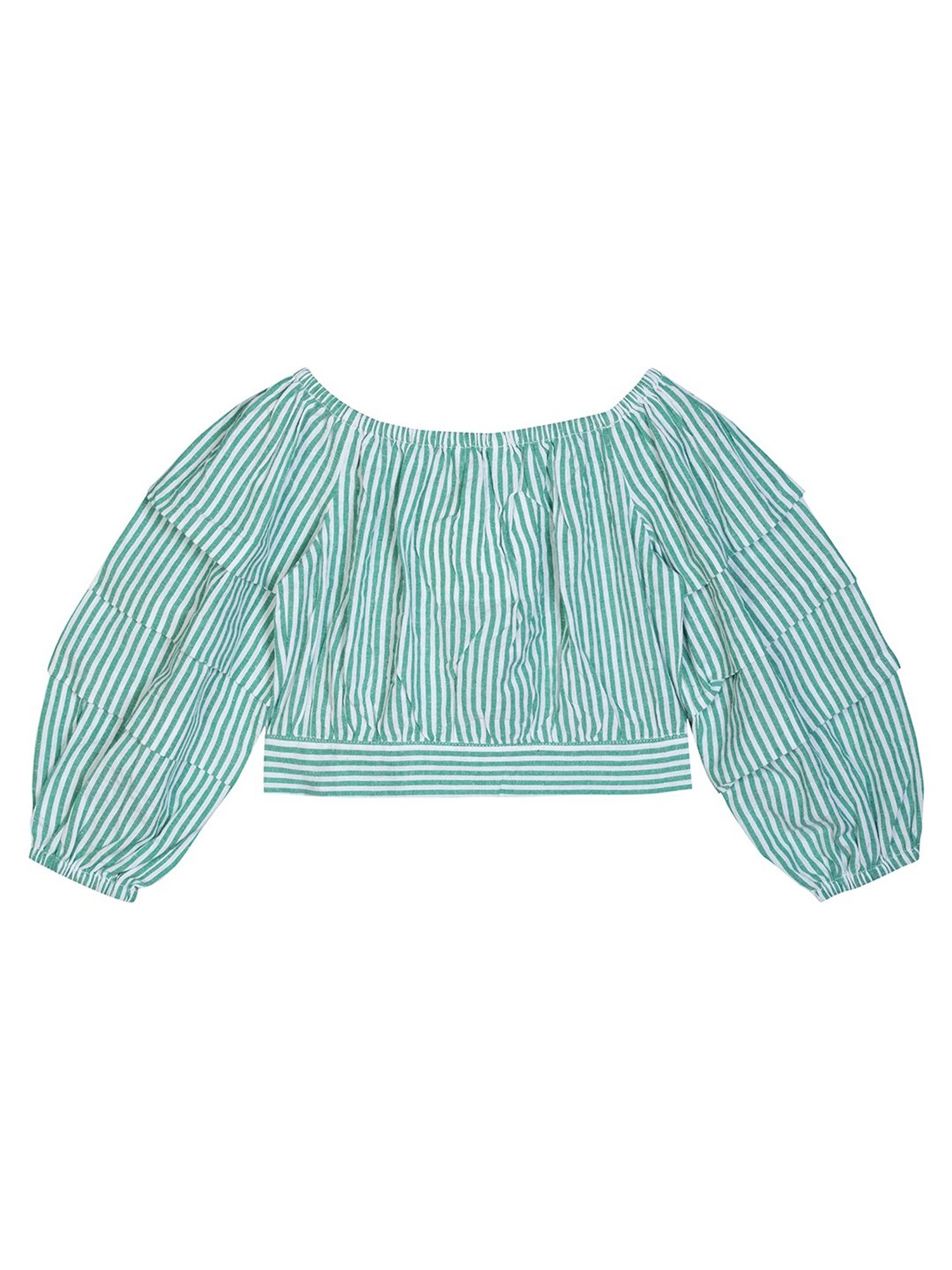 Budding Bees Kids Green & White Striped Full Sleeves Crop Top
