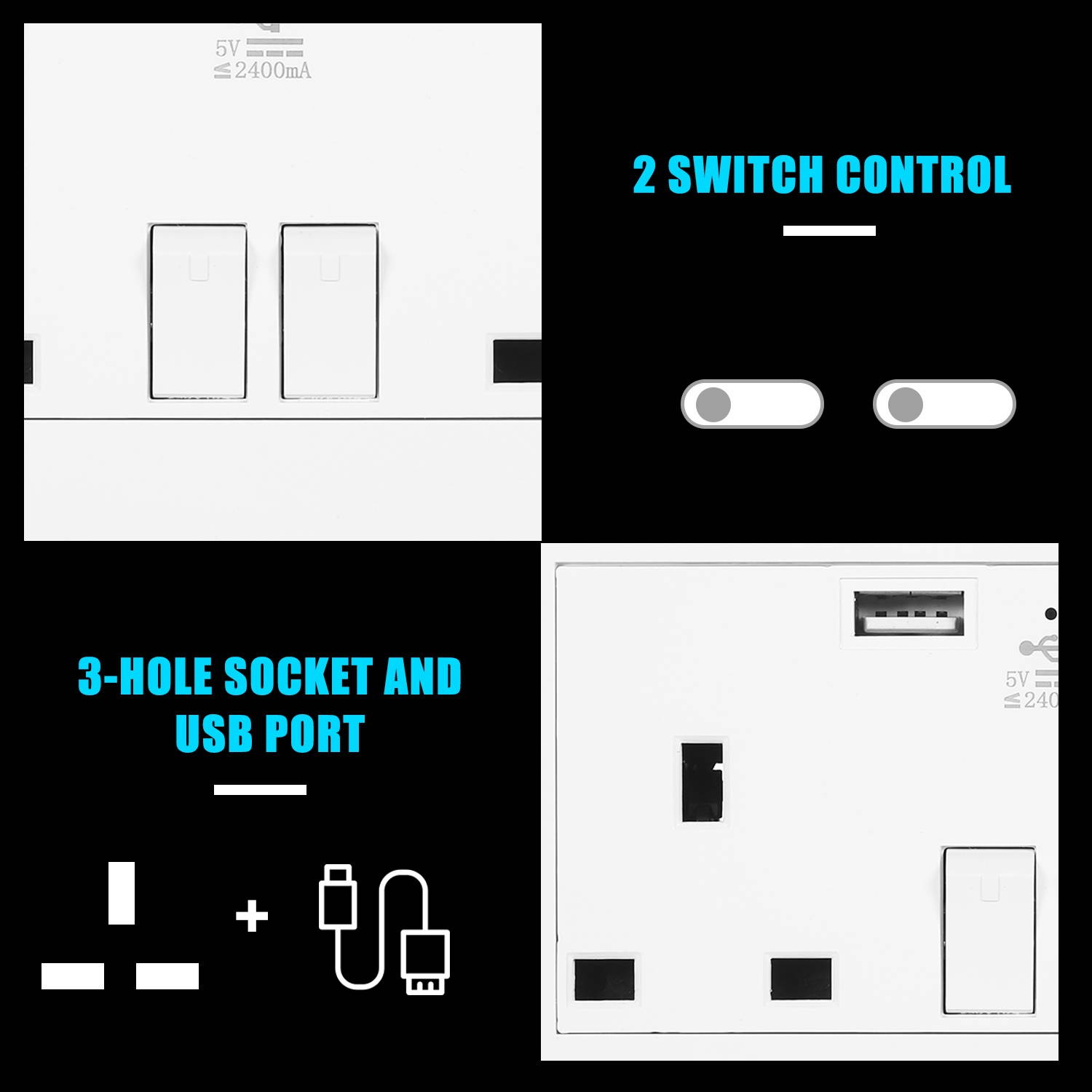 2 Gang 13A Outlet Individually Switched Dual Plug Socket with 2 USB Ports LED Indicator Light Wall Outlet UK Standard