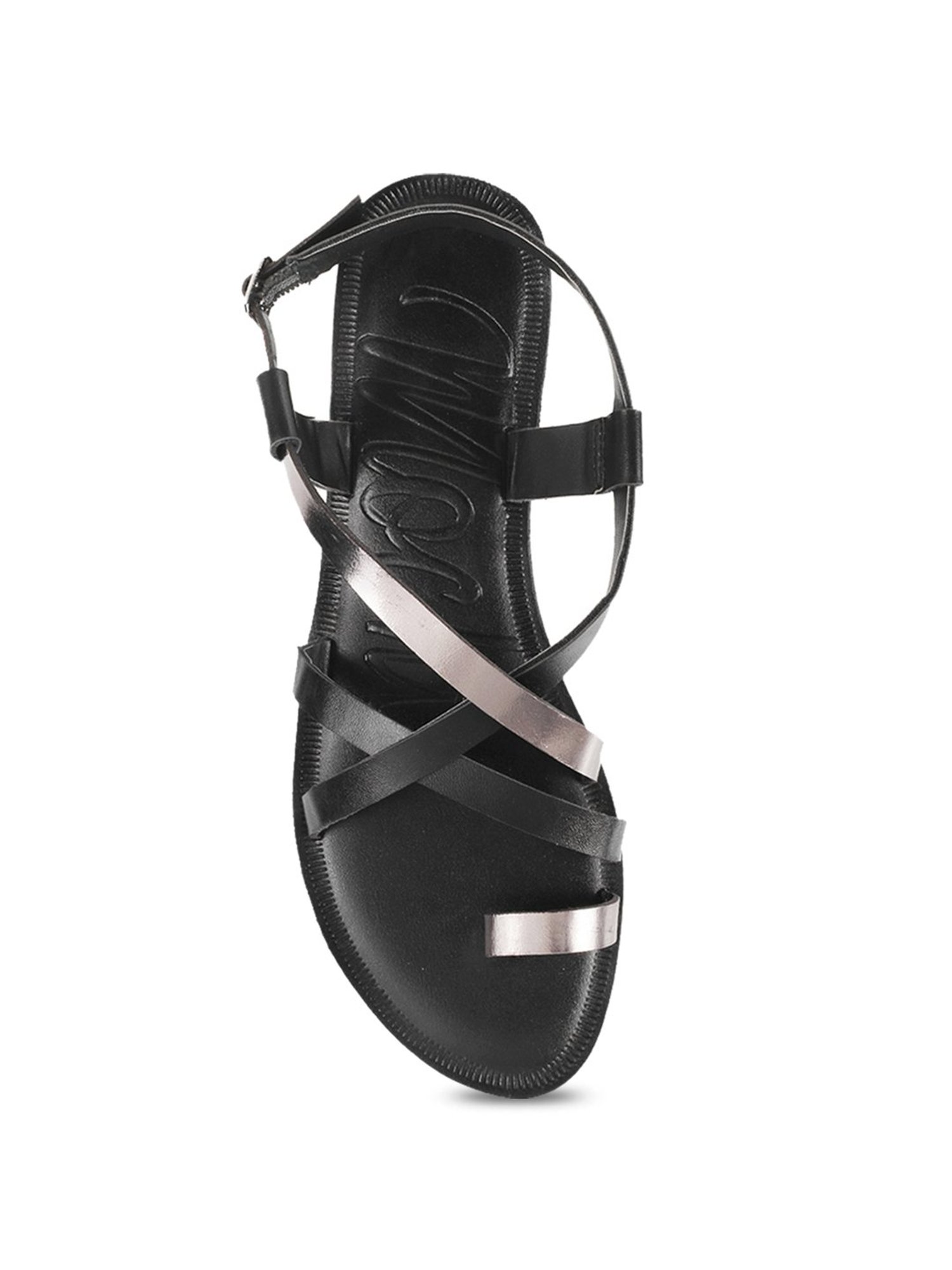 Mochi Women's Black & Gun Metal Toe Ring Sandals