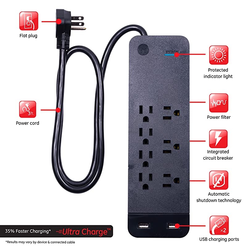 Black, Strip Sur Protector Charr, 7 Outlets, 2 USB Ports, Fast Char, Flat Plug, Long Power Cord, 3 Feet, Wall Mount, Warranty, 37054, 3 Ft