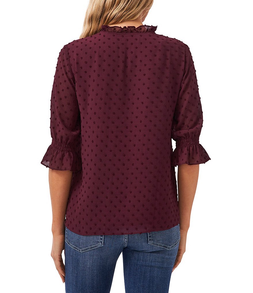 CeCe Split Neck Elbow Sleeve Clip Dot Chiffon Blouse
