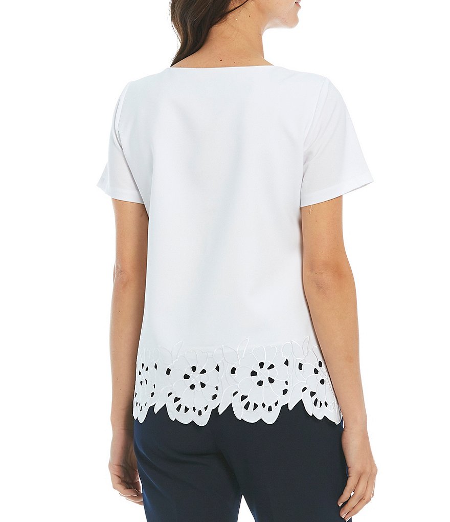 Preston & York Pat Laser Cut Floral Hem Crew Neck Short Sleeve Blouse
