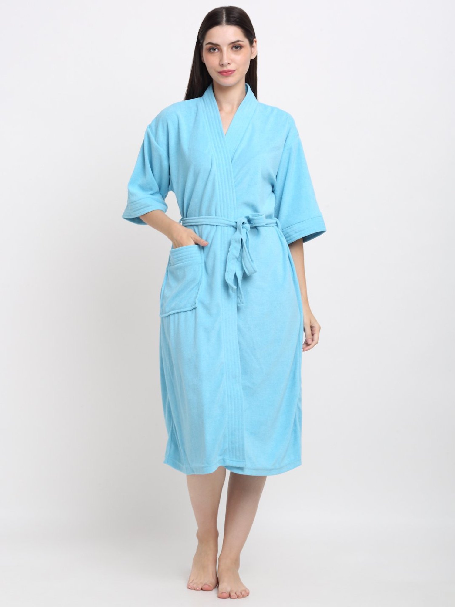 Creeva Everyday Ocean Blue 225 GSM Micro Terry Bathrobe with Front Pocket & Kimono Collar