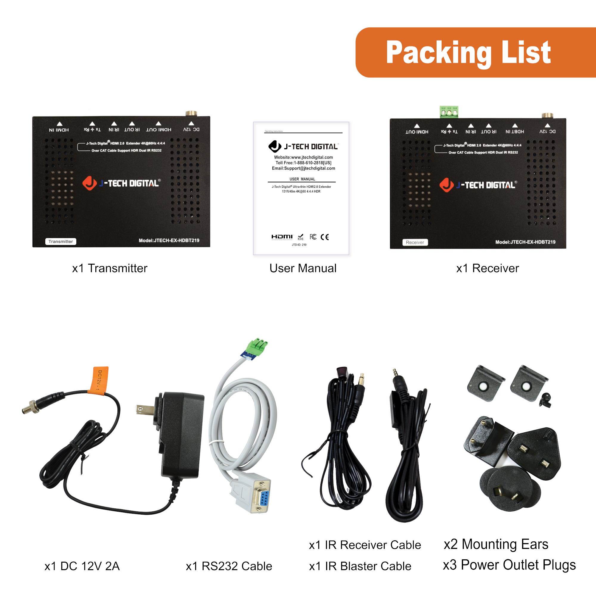 J-Tech Digital HDBaseT 4K@60HZ HDMI Extender 4K@60HZ 4:4:4, HDMI 2.0 Over Single Cable CAT5e/6A up to 230ft (1080P) 131ft(4K) Supports HDMI 2.0 18Gbps, HDR, HDCP 2.2, RS232, Bi-Directional IR