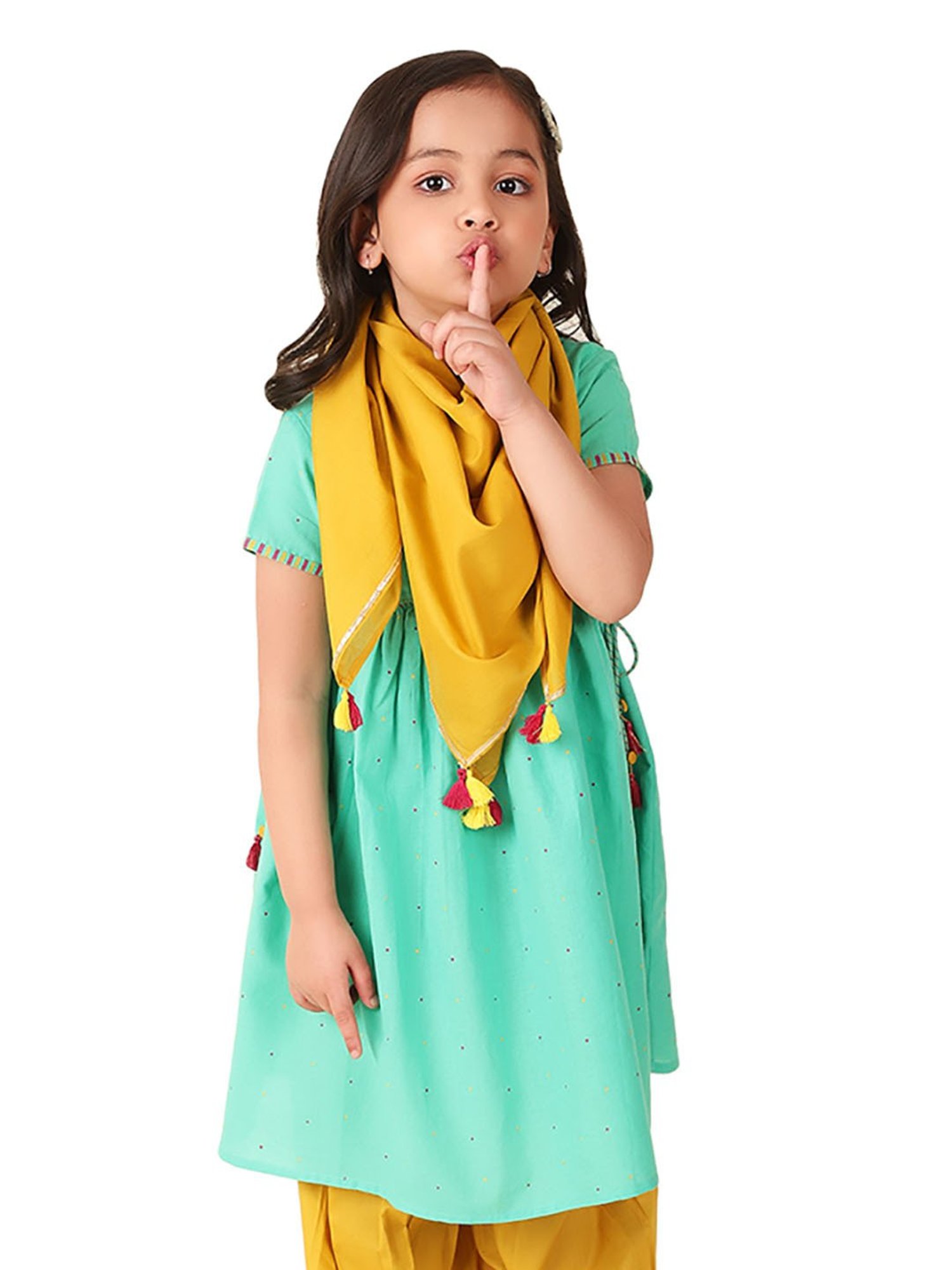 Fabindia Kids Green & Yellow Printed Kurta, Salwar with Dupatta