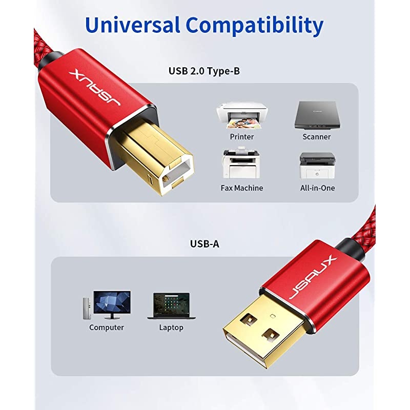Printer Cable,  10ft USB 2.0 Type A Male to B Male Printer Scanner Cord High Speed Compatible with HP, Canon, Dell, Epson, Lexmark, Xerox, Samsung and More (Red)