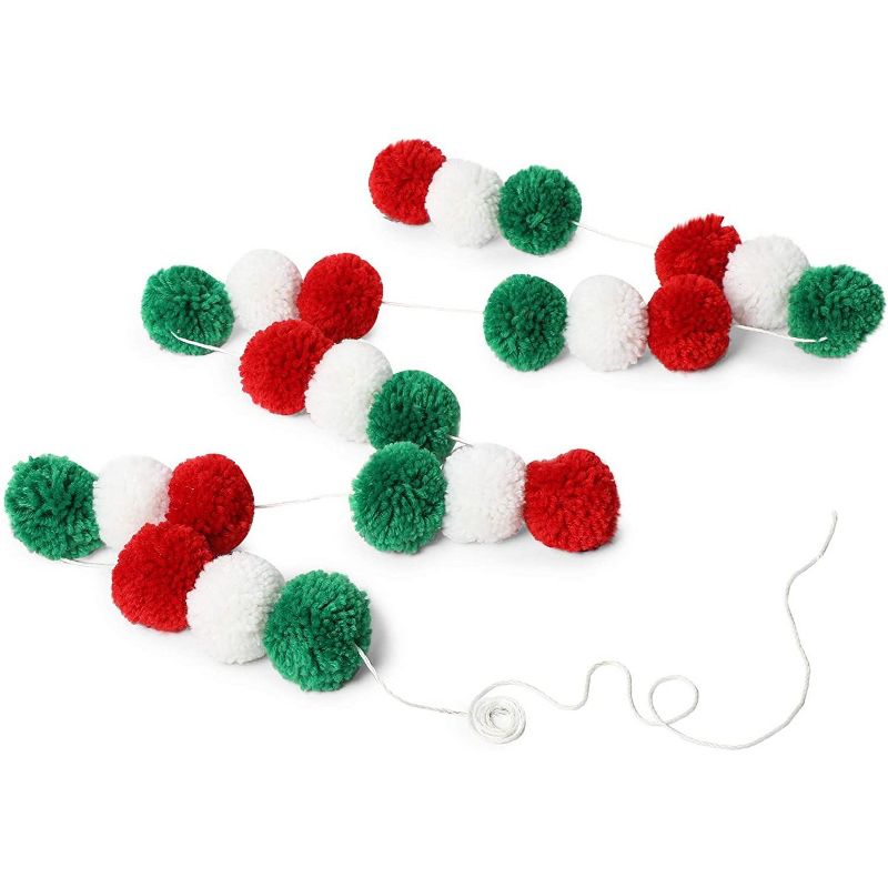 Blue Panda Wool Pom Pom Garland Decor for Christmas Party Wall Decor (Red, White, Green, 10 Feet)