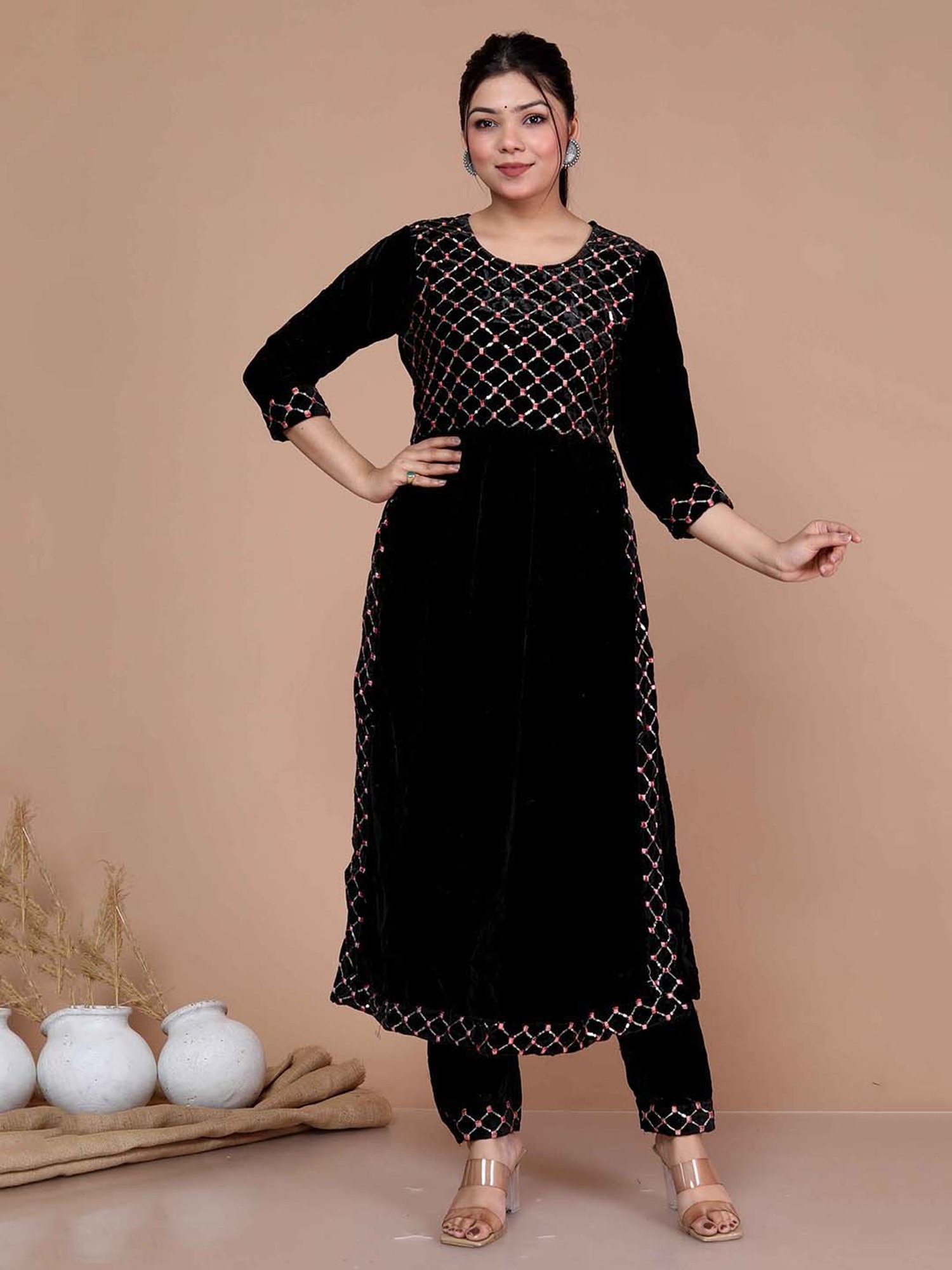 Miravan Black Embroidered Kurta & Palazzo Set