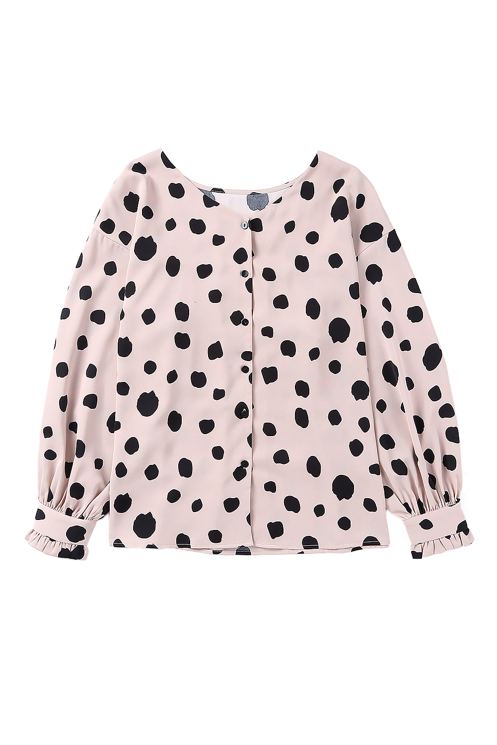 Pink Dot Print Button Frill Cuffs Casual Puff Sleeve Blouse