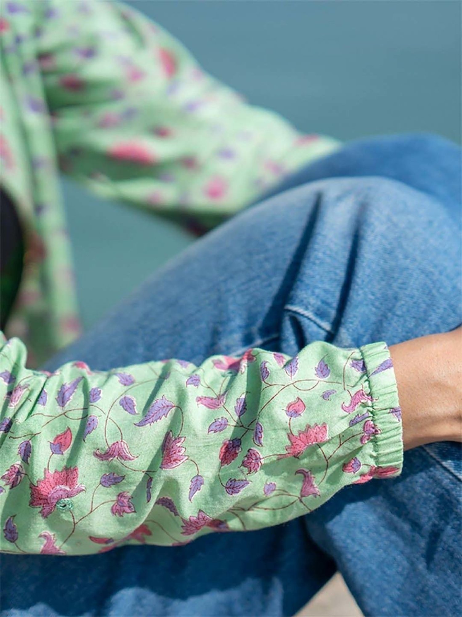 Okhai Lagom Pista Green Pure Cotton Hand Embroidered Bomber Jacket