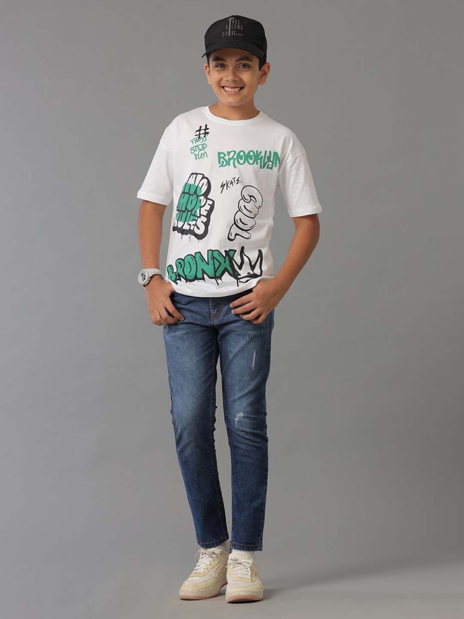 Under Fourteen Only Kids White Cotton Printed T-Shirt