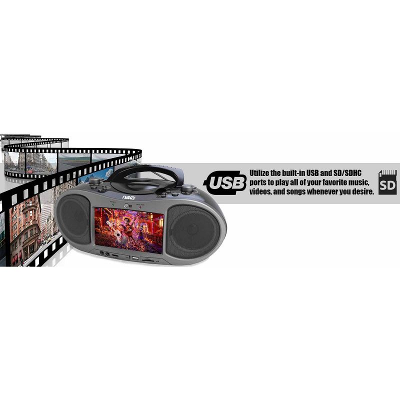 Naxa 7" LCD Bluetooth DVD Boombox - 800 x 400 TFT/LCD Display - Bluetooth 2.1+EDR - 32GB Removable Max memory - Twin Speakers w/ Full-range Drivers