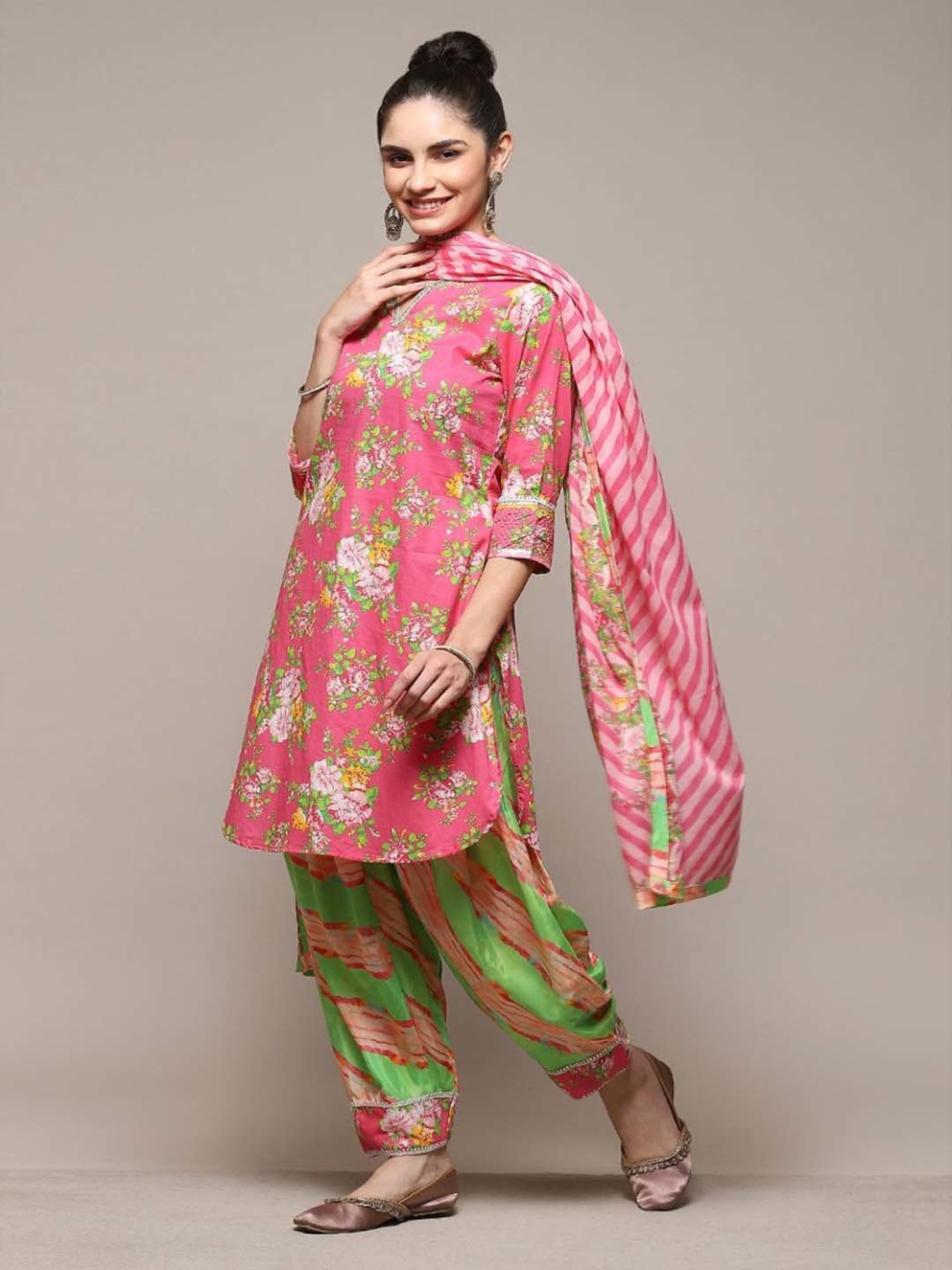 Biba Pink & Green Cotton Printed Kurti Salwar Set With Dupatta