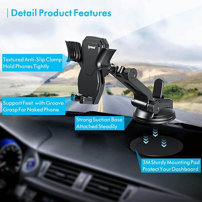 Car Phone Mount Holder Hands Free Car Phone Holder Dashboard Gravity Cell Phone Holder Mount with Auto Retractable Clamp Maximum Angle Adjustment for iPhone XR/XS Max/X/8/7 Galaxy S10/S9/Note 9
