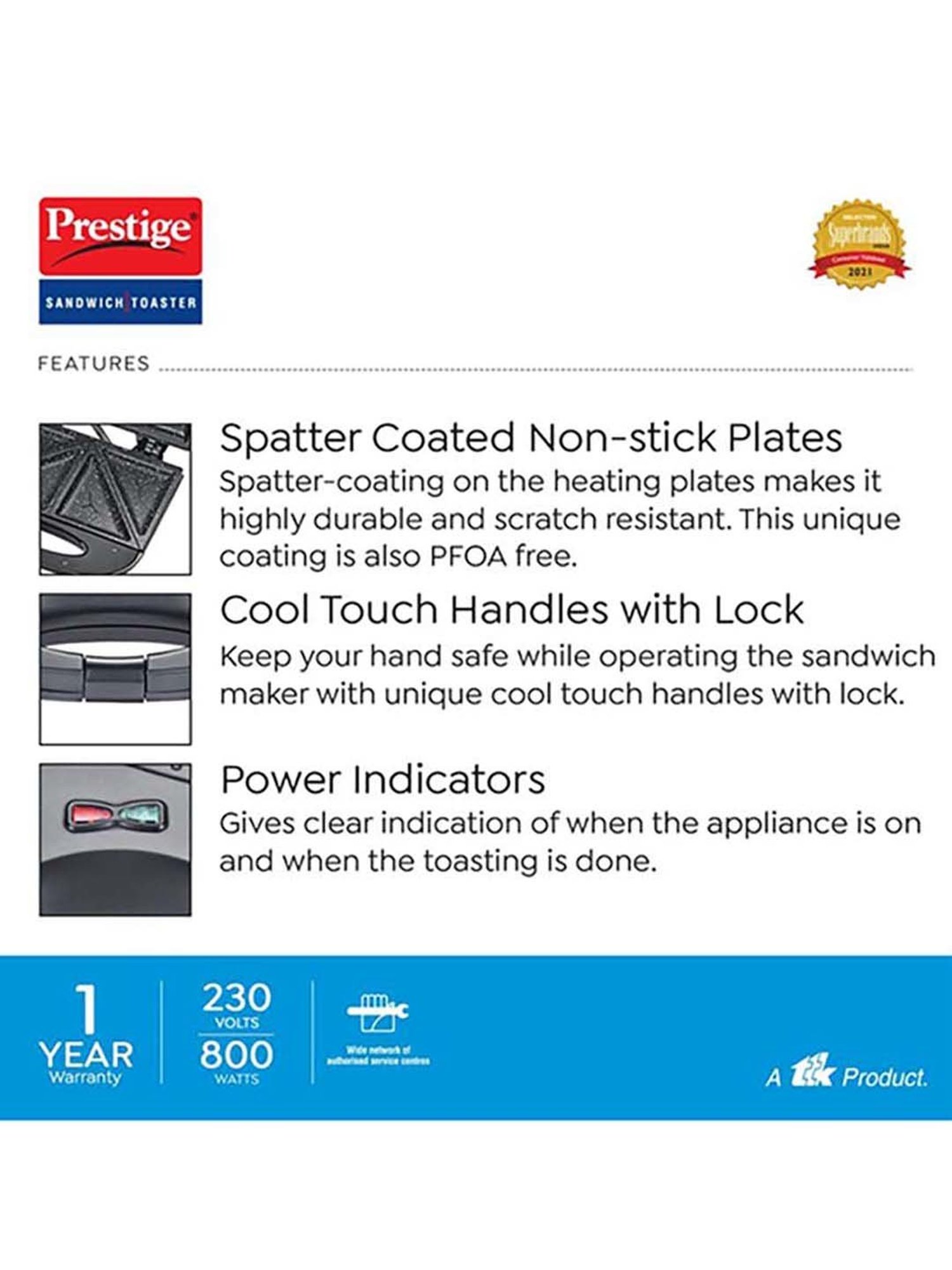 Borosil Sandwich Maker 700W Non Stick Coating (Black)