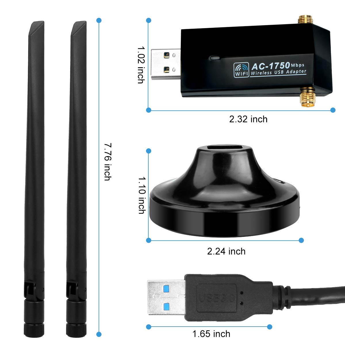 1750Mbps Wireless USB Wifi Adapter, AC1750 Dual Band 2.4GHz/450Mbps 5GHz/1300Mbps wifi Lan Card,802.11 ac/a/b/g/n, Dual High Gain Dual 5dBi Antennas Network dongle for Windows XP/7/8/10,MAC OS X