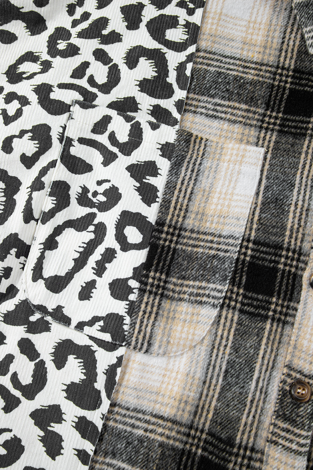 Black Plus Size Plaid Leopard Patchwork Raw Hem Shacket