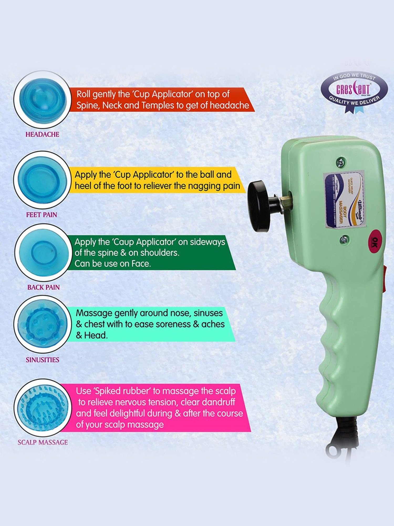 Crescent Ultimate Royal Quick Relief Full Body Electric Massager with 5 Applicator (Light Green)