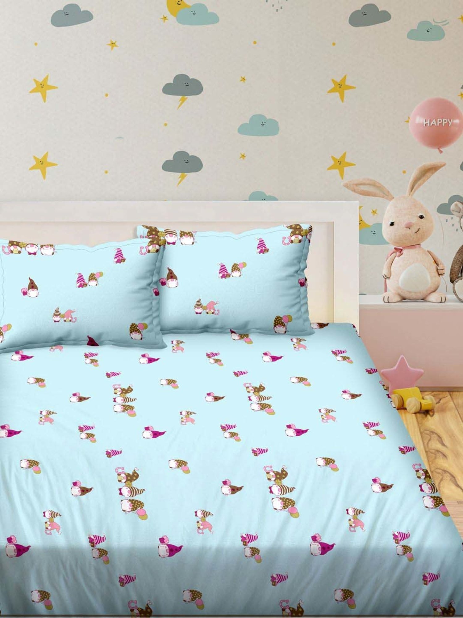 BELLA CASA Kidz Kingdom Printed Blue 180 TC Cotton Bedsheet with 2 Pillow Covers