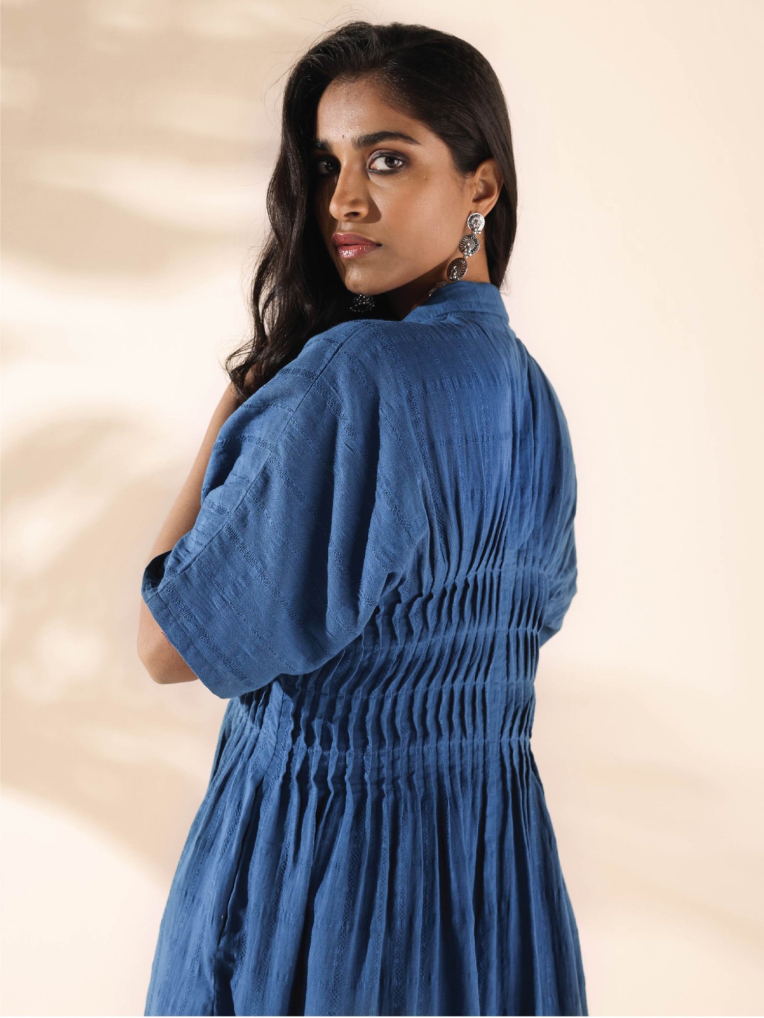 true Browns Blue Cotton Self Pattern A-Line Dress