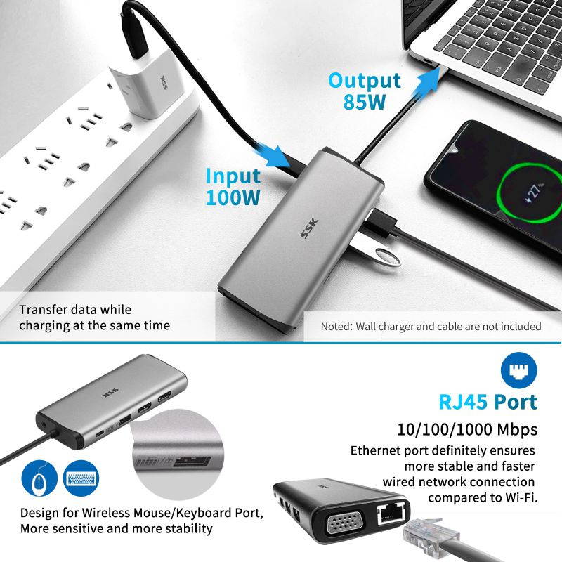 SSK 11 in 1 USB C Hub,Dual Monitor Laptop Docking Station,MacBook Pro HDMI Adapter ethernet Adapter with VGA,PD Fast Charging,4USB Ports,SD/TFCard Reader for MacBook Air(Thunderbolt 3) Type C Devices