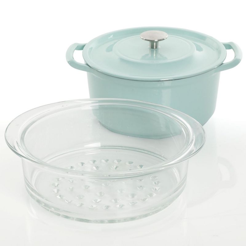 Kenmore Oak Park 5 Quart Enameled Cast Iron Casserole with Lid and Glass Steamer in Blue