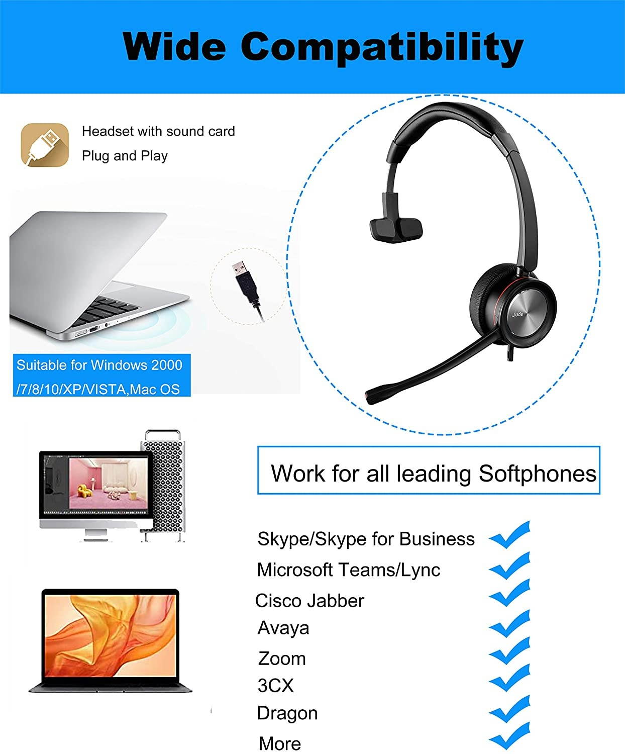 Jiade USB Headset for Call Center Skype ChatComputer Phone Headset with Noise Cancelling mic Voice Recognition Comfortable Speech DictationPC Headphone with Mic Mute Volume Control
