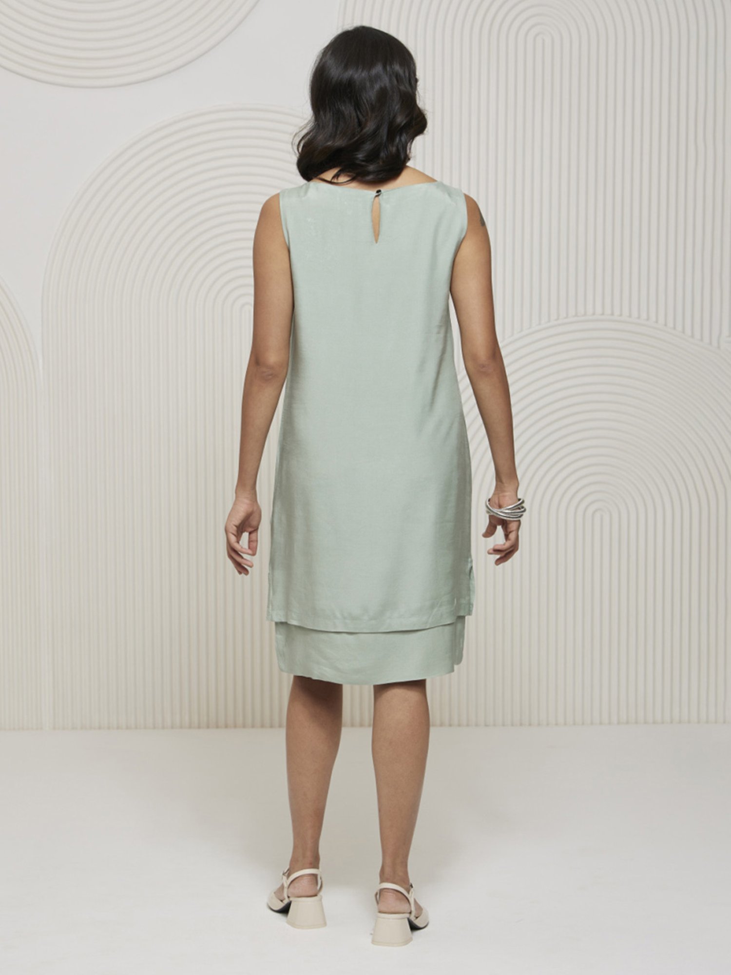 Artagai Celadon Green Romancing Aari Layered Shift Dress With Brooch Detail