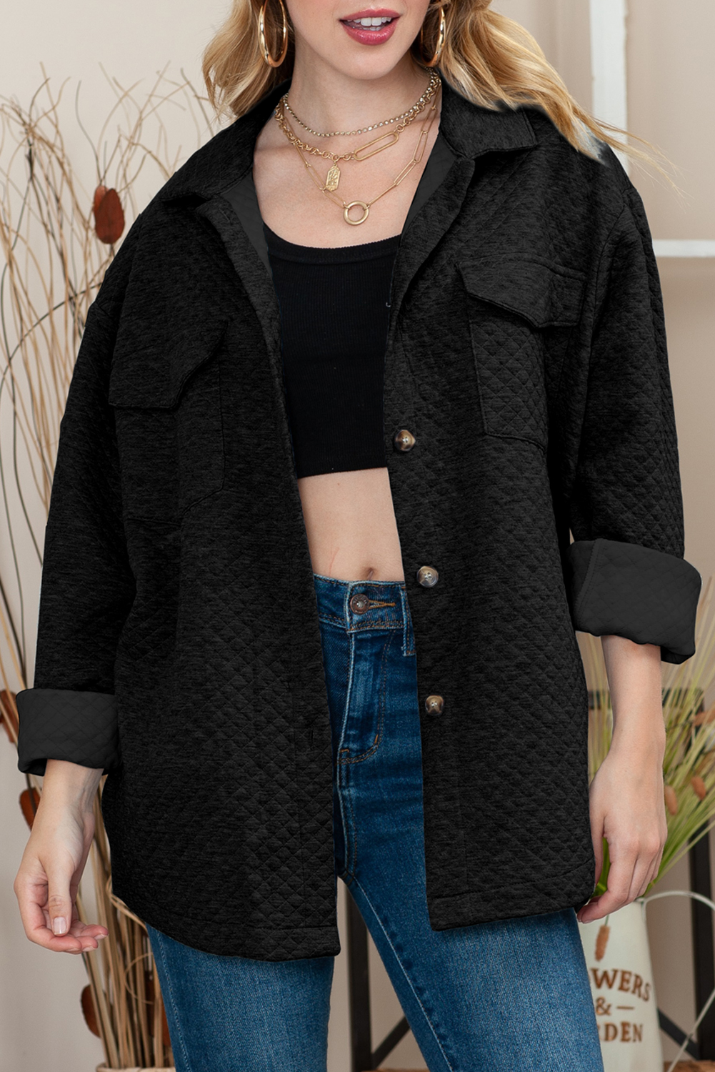 Black Lattice Texture Retro Flap Pocket Button Quilted Shacket