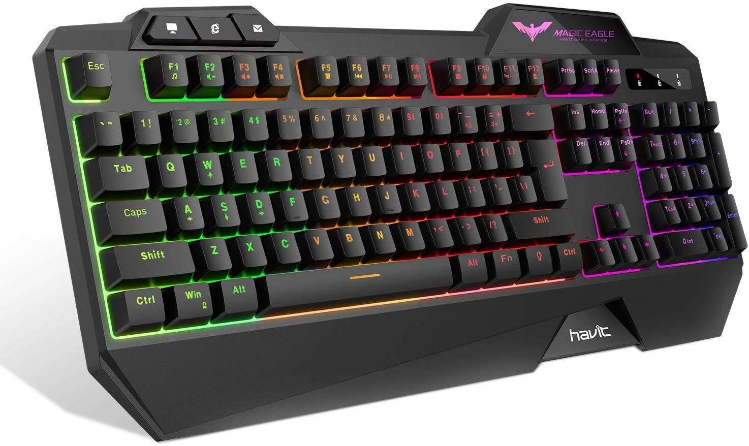 HAVIT Rainbow Backlit Wired Gaming Keyboard 104 Keys LED USB Ergonomic Wrist Rest Keyboard for Windows PC Gamer Desktop, Computer (Black)