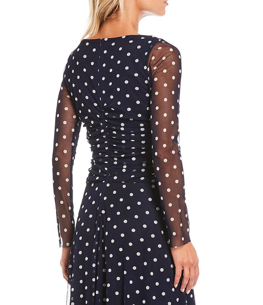 Jessica Howard Long Sleeve Ruched Waist Dotted Mesh Midi Dress