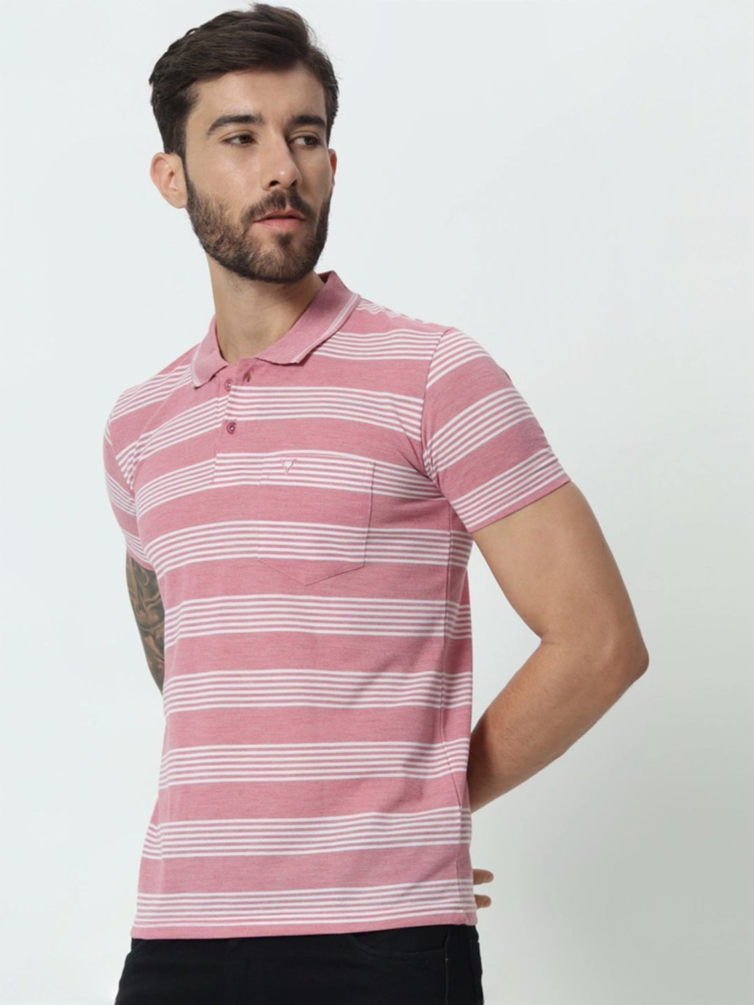 Tab91 Pink Regular Fit Striped Polo T-Shirts