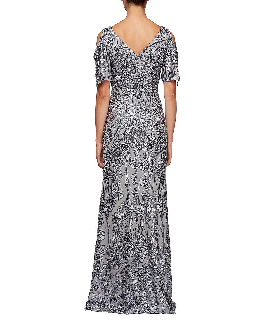 Alex Evenings Sequin A-Line Flutter Cold Shoulder Sleeve V-Neck Long Gown
