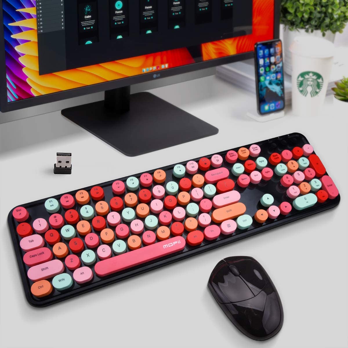 MOFII Wireless Keyboard and Mouse Combo, 2.4G Cute Round Girl Lipstick Retro Round Cap Keyboard Mute Keyboard Mouse Set for Laptop, Computer, Mac (Mixed Color)