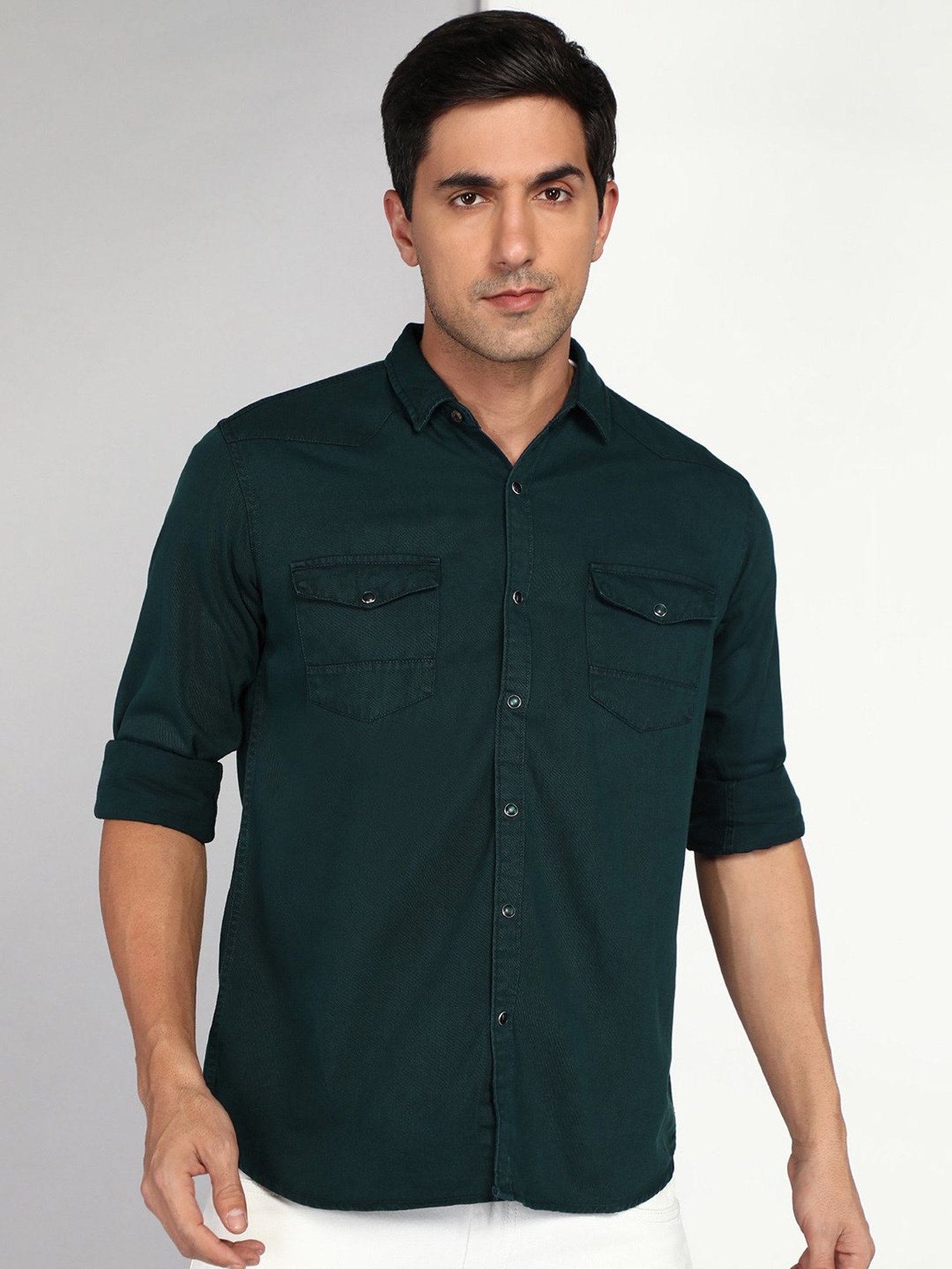 Spykar Blue Cotton Slim Fit Checks Shirt