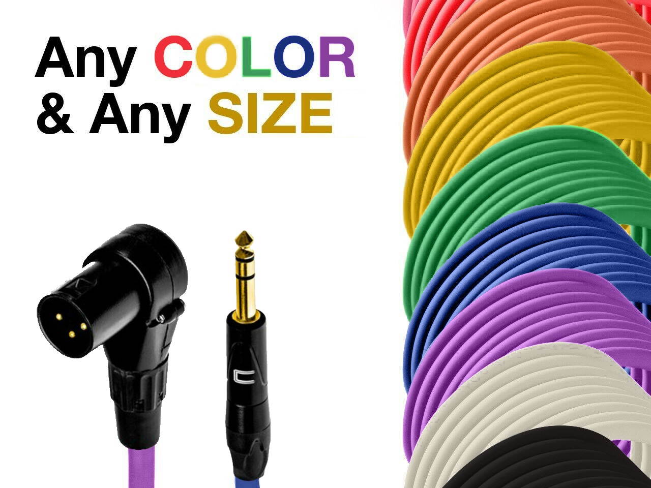 Right Angle 3-Pin XLR Male to 1/4" TRS Balanced Stereo Cable Custom Length Color