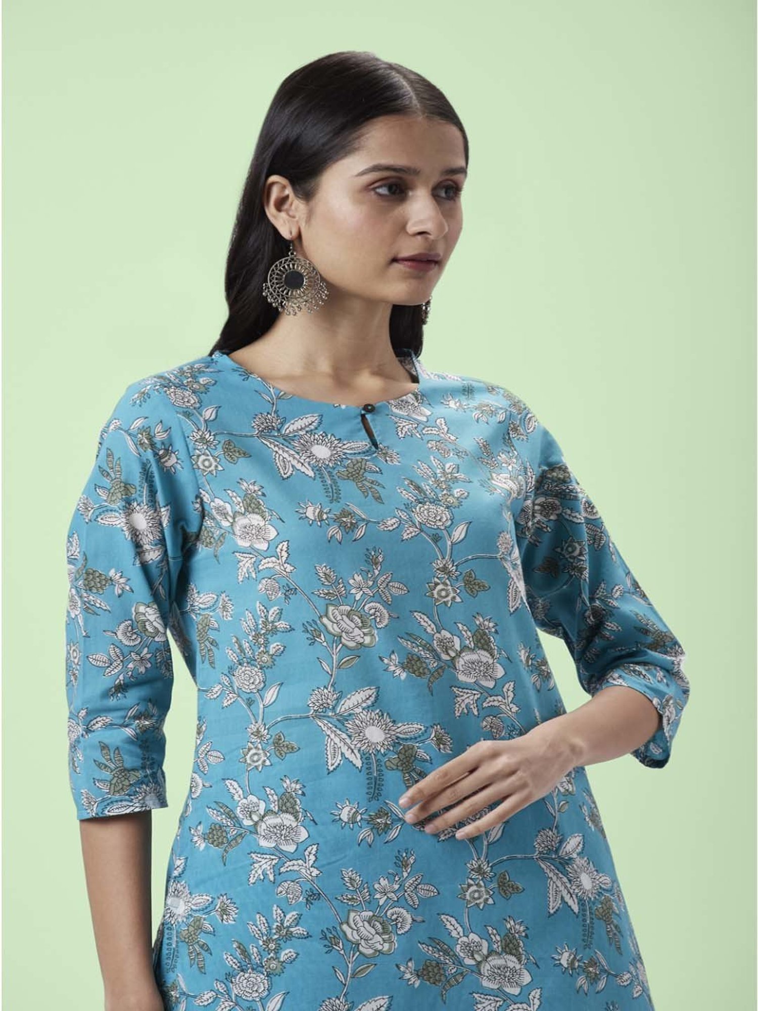 Rangmanch by Pantaloons Turquoise Cotton Floral Print Kurta Palazzo Set With Dupatta