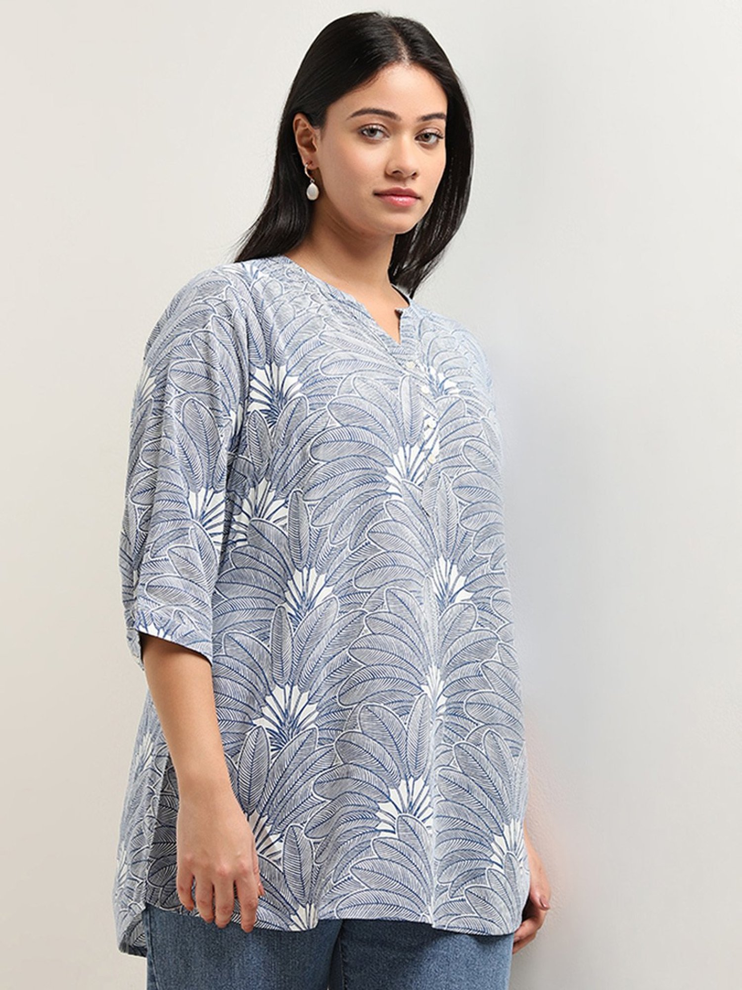 Diza by Westside Indigo Leaf Design Straight Kurti