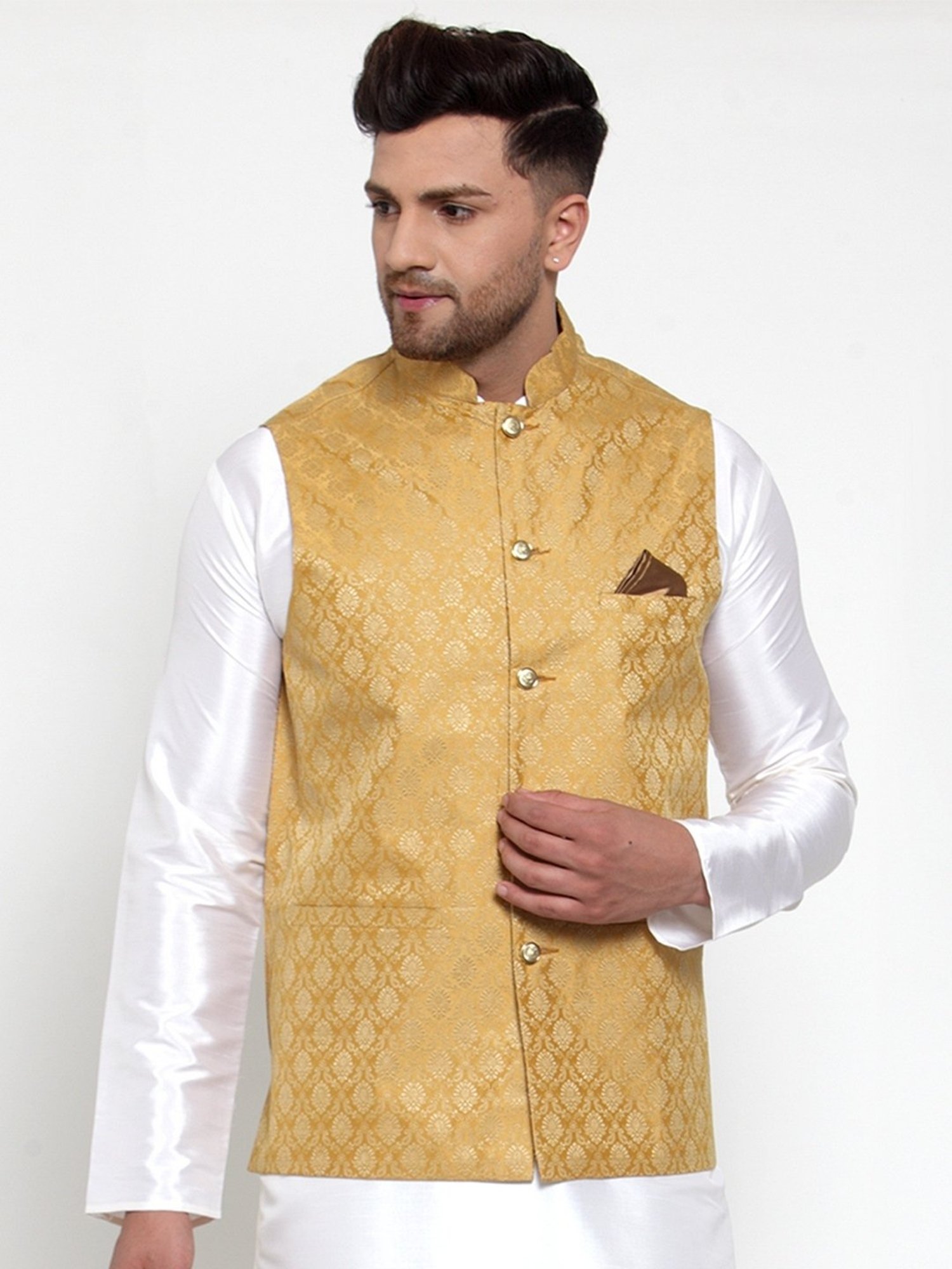 Jompers Gold Regular Fit Embroidered Nehru Jacket