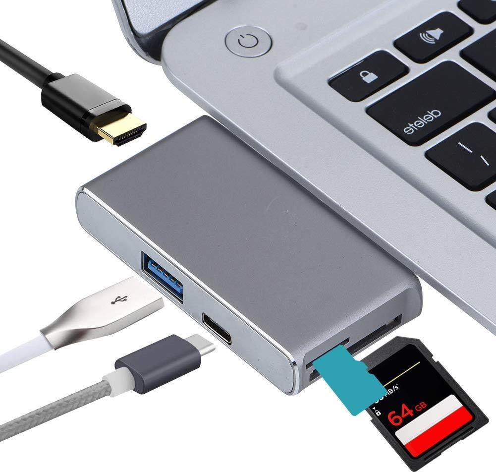 Zerone Multiport USB C Adapter, Dual Type-C HUB to HDMI 4K HUB + Card Reader + Thunderbolt 3 Interface Grey