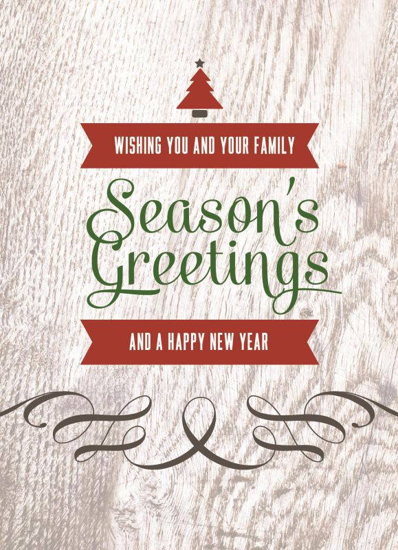 Holiday Greeting Cards - H1508. Greeting Cards with a Christmas Tree and Season's Greetings on a Wooden Background. Box Set Has 25 Greeting Cards and 26 White with Red Foil Lined Envelopes.