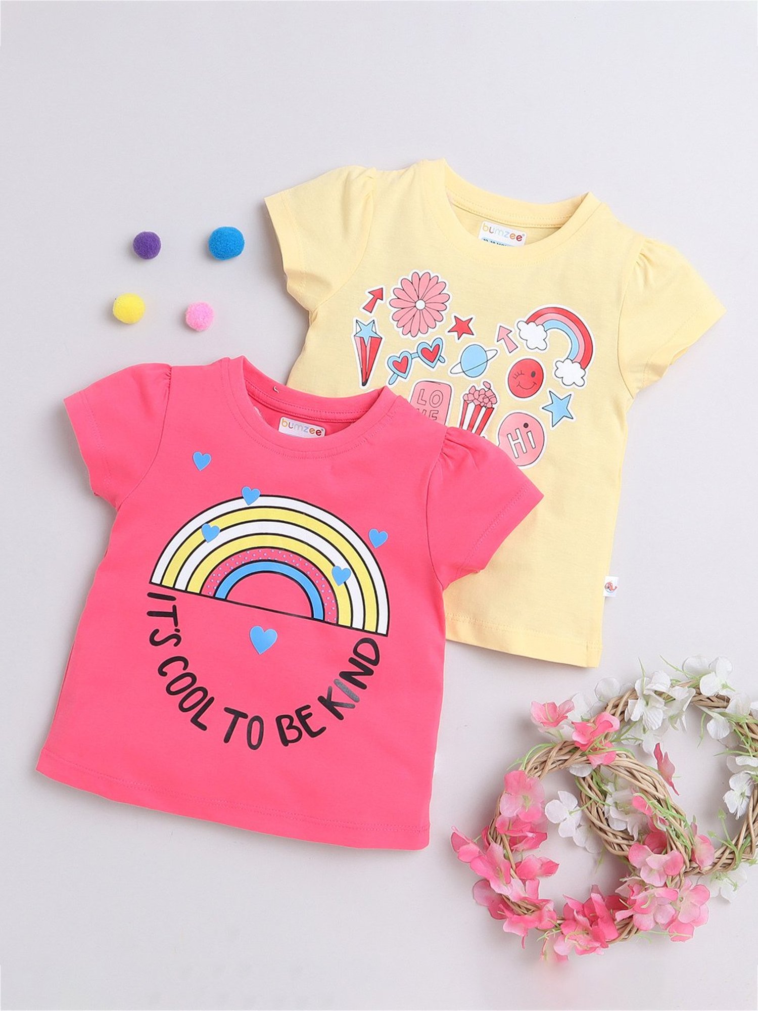 Bumzee Kids Pink & Yellow Printed T-Shirt (Pack Of 2)