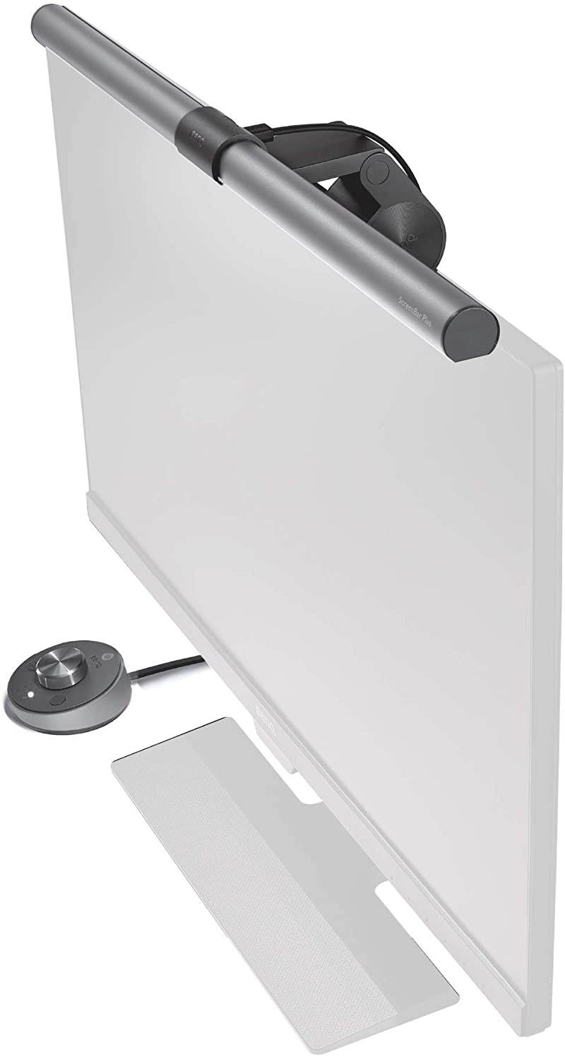 BenQ ScreenBar Plus e-Reading LED Computer Monitor Light Lamp with Desktop Dial Auto-Dimming and Hue Adjustment No Screen Glare Space Saving USB Powered Matte Silver
