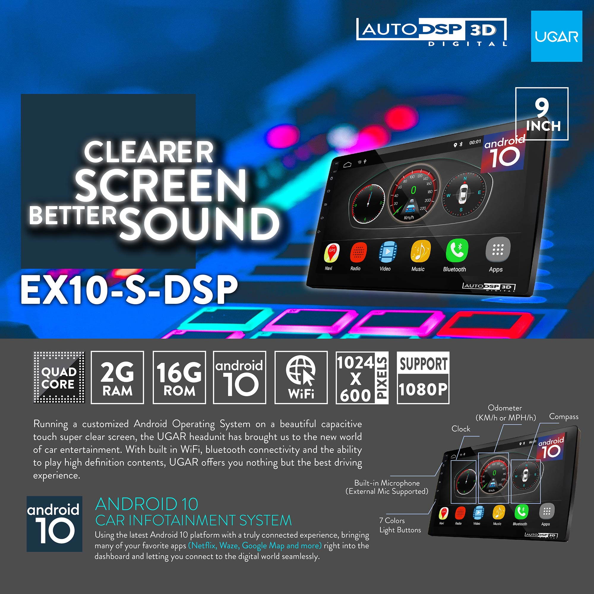 UGAR 9" EX10-S-DSP Universal Extended Version Car Stereo 2GB 16GB Android 10.0 DSP Head Unit Double Din Touch Screen Radio Auto Car Audio Indash GPS Navigation with Bluetooth WiFi Mirroring