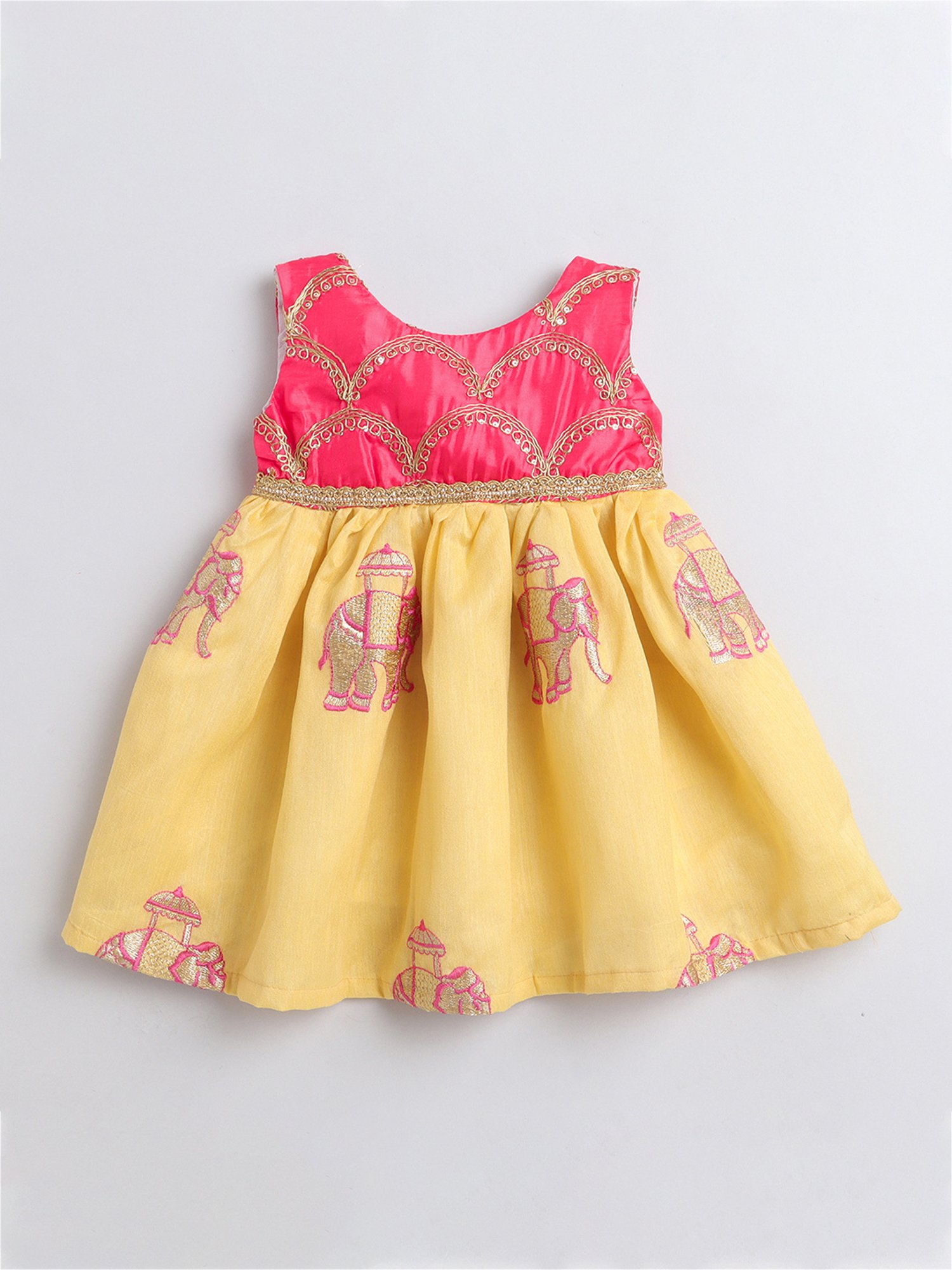 Many Frocks Kids Pink & Yellow Embroidered Dress