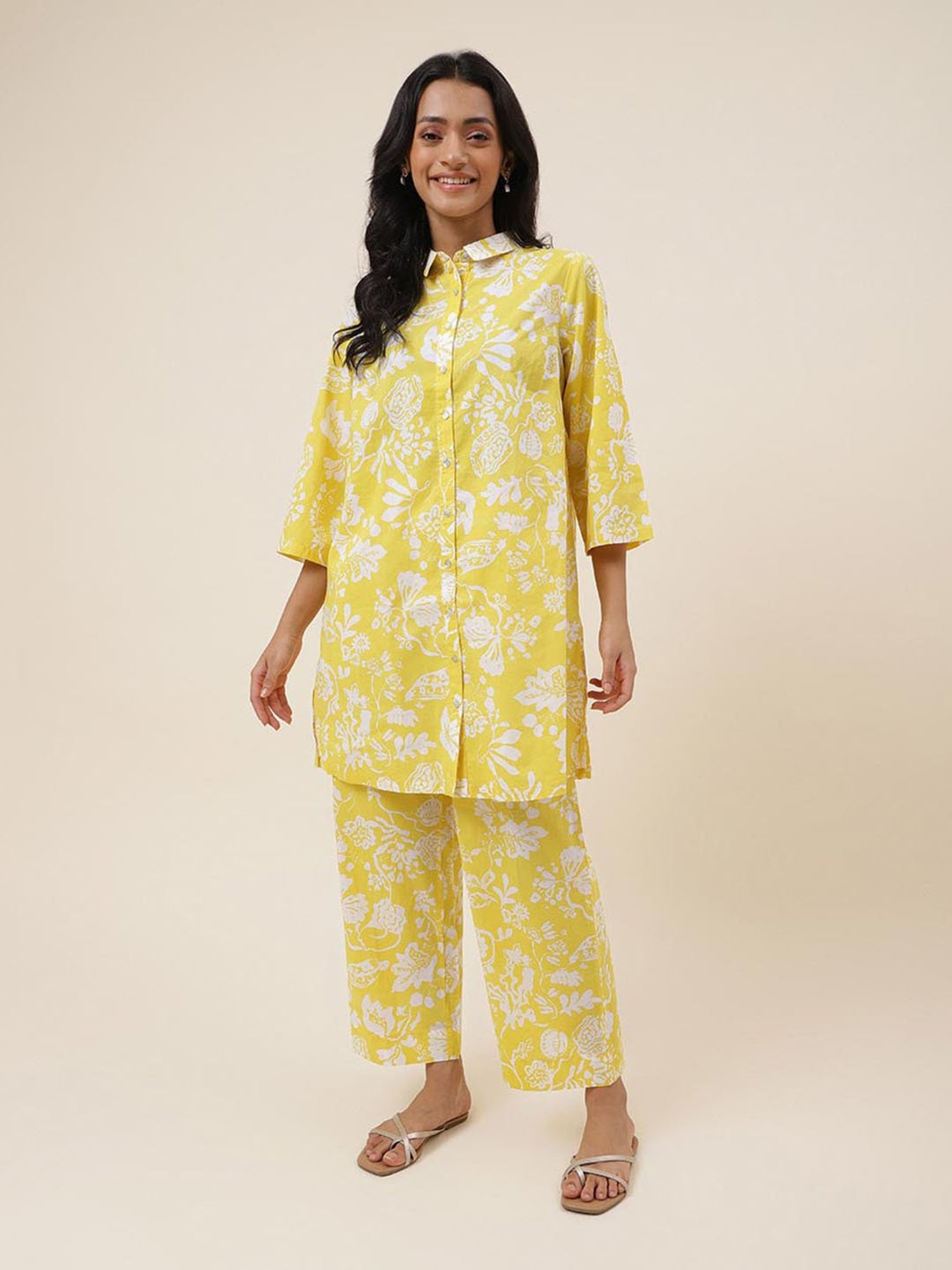 Fabindia Yellow Cotton Printed Tunic With Pants