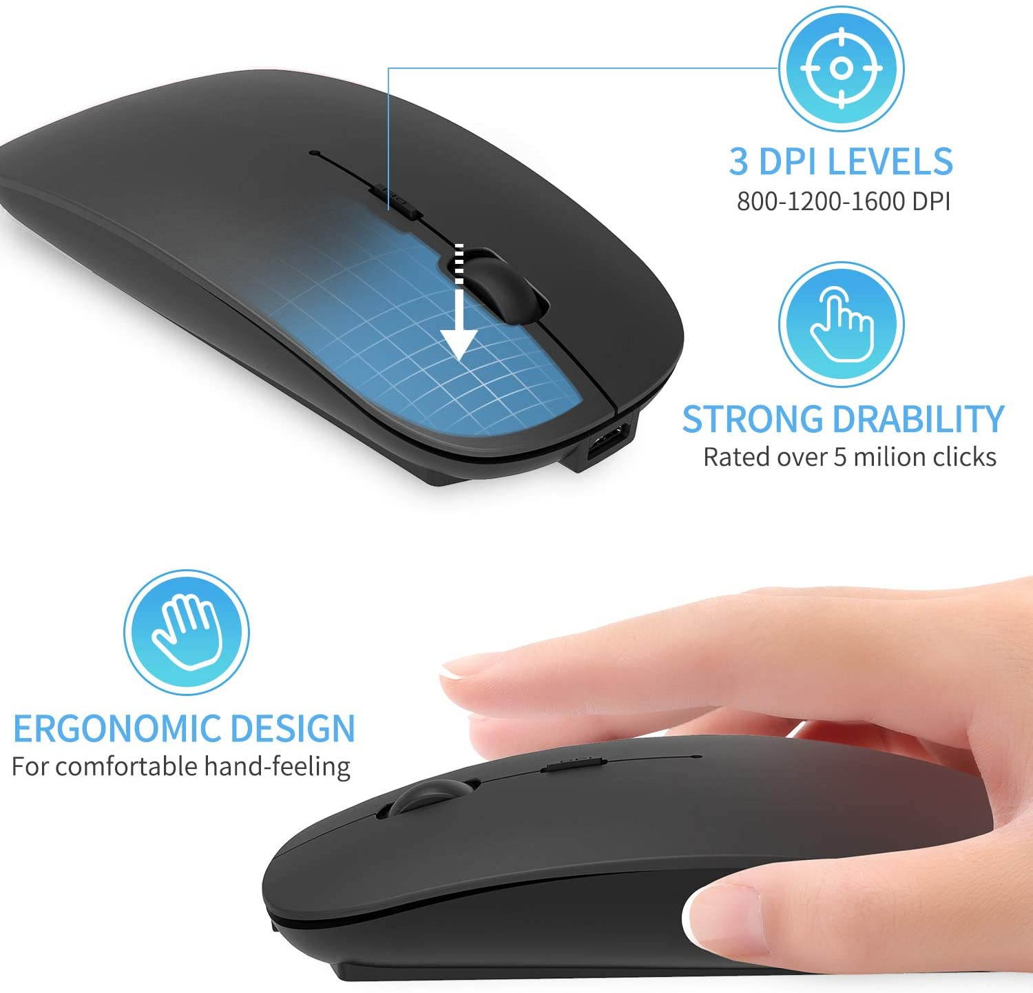 2.4GHz Wireless Bluetooth Mouse, 3 Adjustable DPI, Dual Mode Slim Rechargeable Wireless Mouse Silent USB Mice,Compatible for Laptop Windows Mac Android MAC PC Computer (Silver)