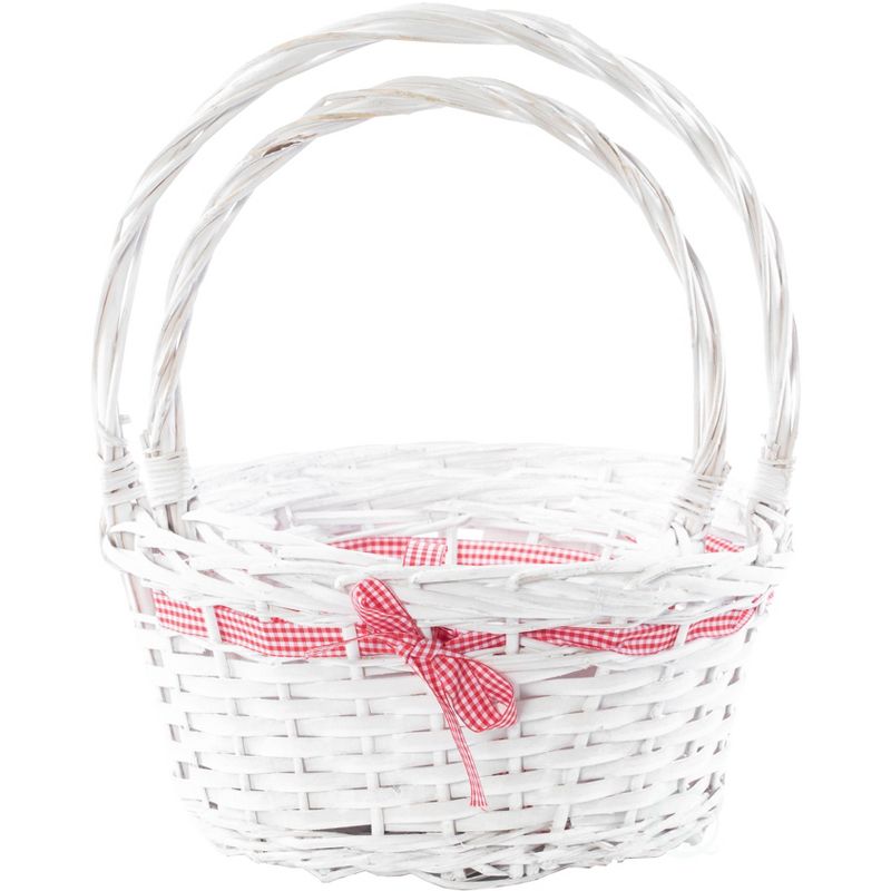 Vintiquewise White Willow Bowl Baskets Red Gingham Bow with Handle, Set of 2